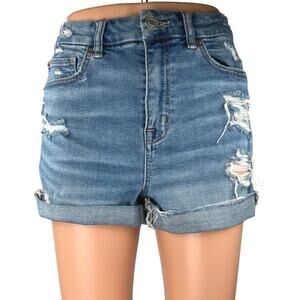 American Eagle Super Stretch Blue Distressed High Waisted Denim Jean Shorts 4